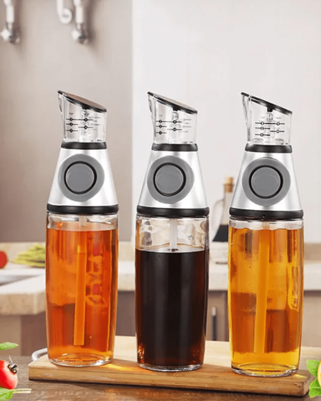 Press and Measure Glass Oil Dispenser