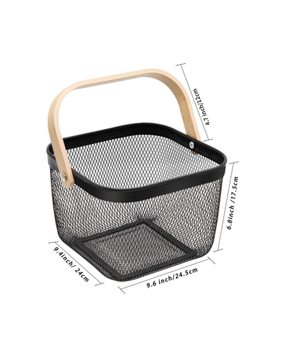 Metal Mesh Steel Basket with Bamboo Handle