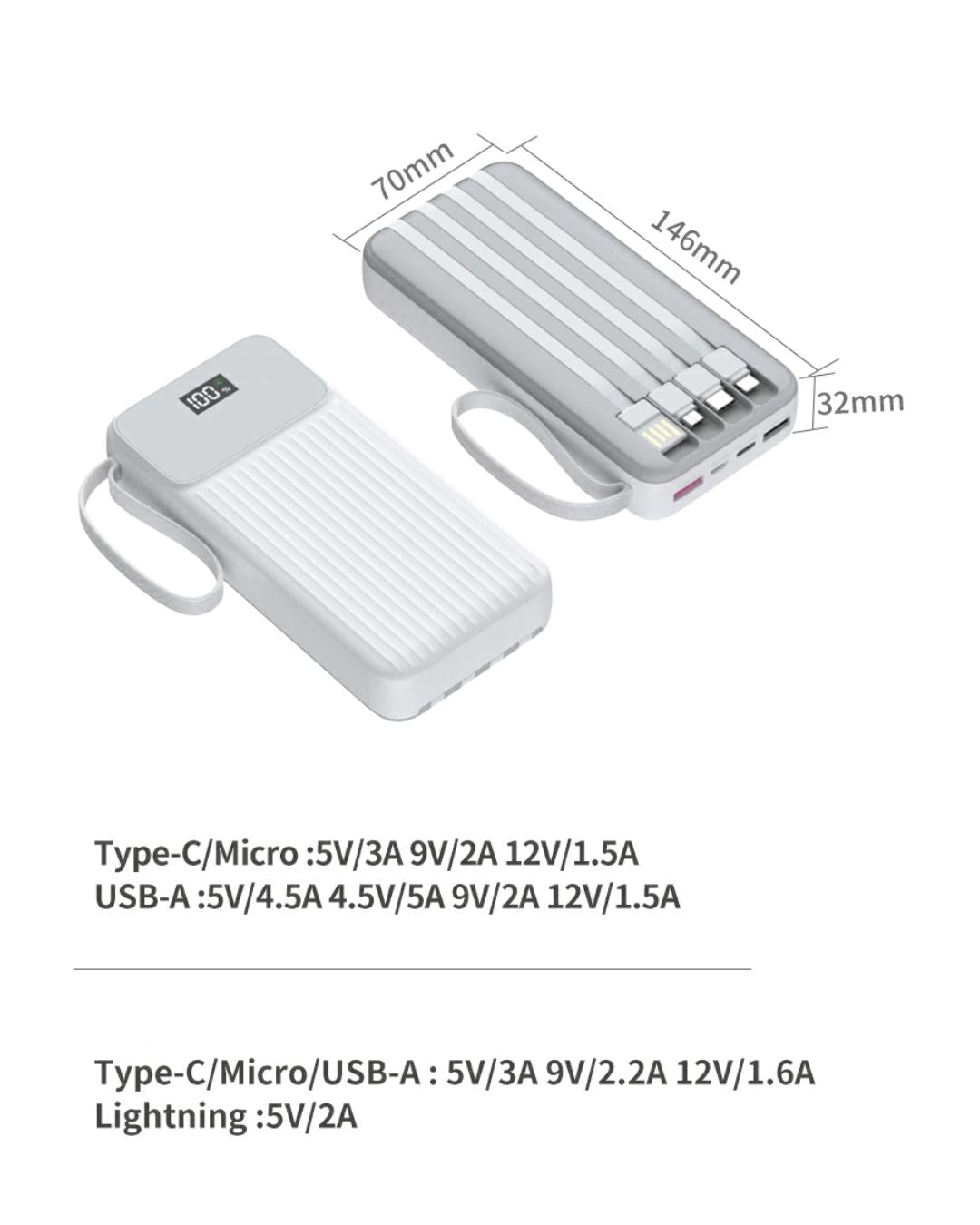 20000mAh Power Bank with Built in Cables