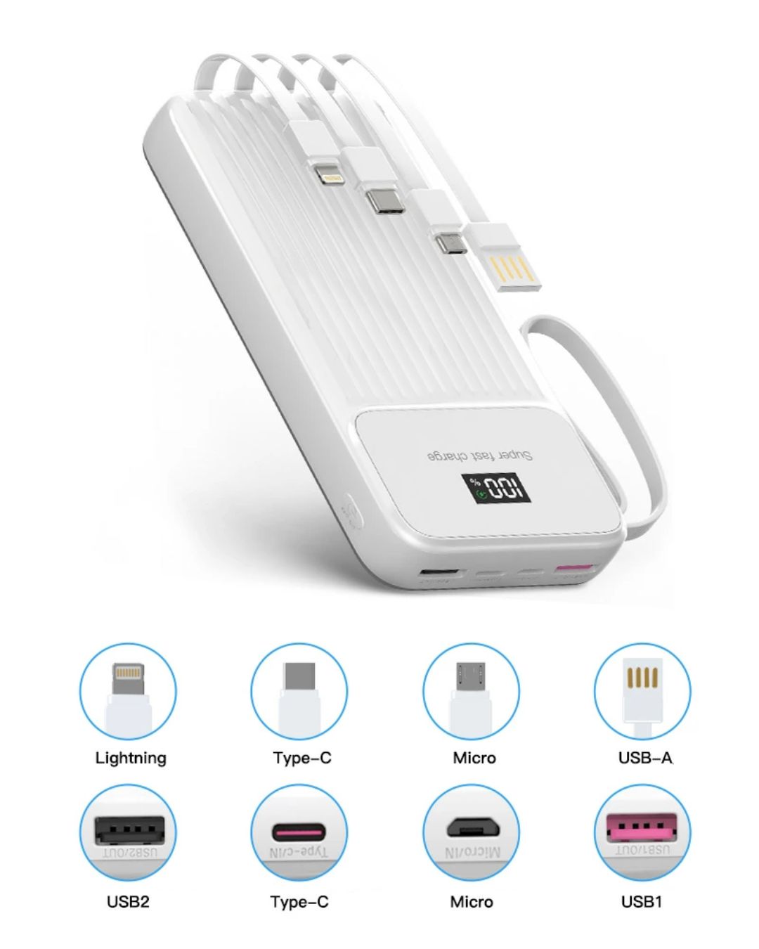 20000mAh Power Bank with Built in Cables