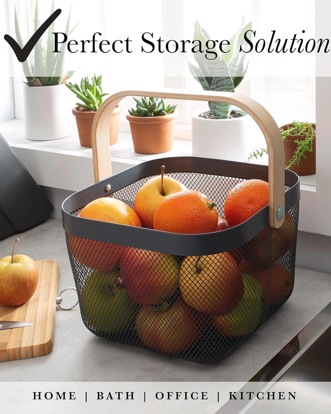 Metal Mesh Steel Basket with Bamboo Handle